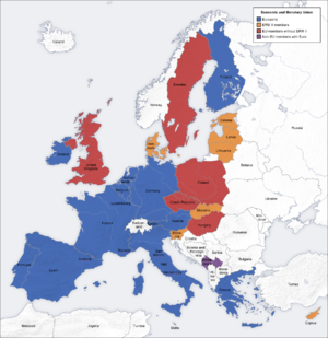  ██�Eurozone countries ██�ERM II countries ██�other EU countries ██�unilaterally adopted euro