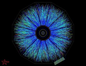 Thousands of particles explode from the collision point of two relativistic (100 GeV per nucleon) gold ions in the STAR detector of the Relativistic Heavy Ion Collider; an experiment done in order to investigate the properties of a quark gluon plasma such as the one thought to exist in the ultrahot first few microseconds after the big bang