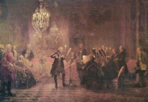 "The Flute Concert of Sanssouci" by von Menzel, 1852, depicts Frederick the Great playing the flute in his music room at Sanssouci.