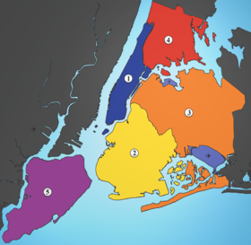 The five boroughs: 1:�Manhattan, 2:�Brooklyn, 3:�Queens, 4:�Bronx, 5:�Staten Island