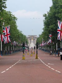 The Mall looking onto Buckingham Palace, The official residence of the British Monarch.