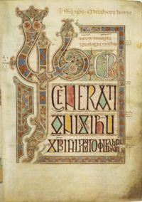 Folio 27r from the Lindisfarne Gospels contains the incipit Liber generationis of the Gospel of Matthew. Compare this page with the corresponding page from the Book of Kells (see here), especially the form of the "Lib" monogram.