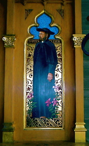 This reredos of an Episcopal-Anglican Church  in Hollywood, California shows the cross-denominational veneration of Blessed Damien of Molokai. - St. Thomas the Apostle Church's Damien Chapel.