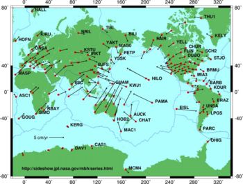 Plate motion based on Global Positioning System (GPS) satellite data from NASA JPL. Vectors show direction and magnitude of motion.