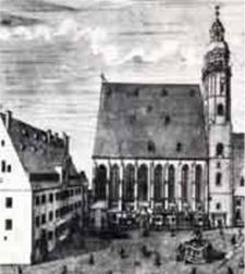 A 1723 engraving by JG Krügner of St Thomas’s Church, the St Thomas School at a right angle to it at the left