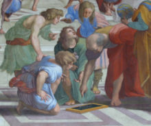 Euclid, Greek mathematician, 3rd century BC, known today as the father of geometry; shown here in a detail of The School of Athens by Raphael.