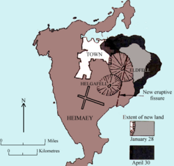 Sketch showing the changes to Heimaey caused by the eruption of Eldfell