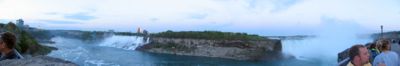 Both American and Horseshoe Falls seen from Canada in a panoramic view.