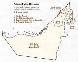 Map showing the Emirates of the United Arab Emirates.