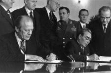 Ford meets with Soviet Union leader Leonid Brezhnev in Vladivostok, November 1974, to sign a joint communiqué on the SALT treaty