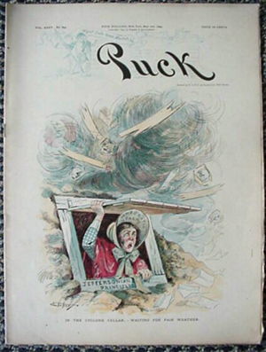 Cyclone as metaphor for political revolution; the farm woman taking shelter is labeled 'Democratic Party'.  Puck magazine (1894)