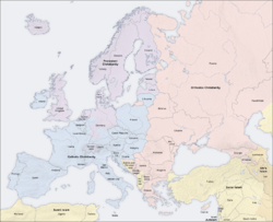 Predominant religions in Europe  ██�Roman Catholicism  ██�Orthodox Christianity  ██�Protestantism  ██�Sunni Islam  ██�Shia Islam  