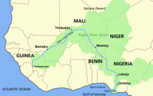 Map of Niger River with Niger River basin in green.