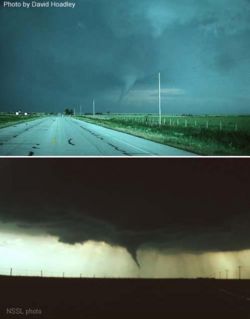 These are two photographs of the Waurika, Oklahoma tornado of May 30, 1976, taken at nearly the same time by two different photographers.  In the top picture, the tornado is front-lit, with the sun behind the east-facing camera, so the funnel appears nearly white.  In the lower image, where the camera is facing the opposite direction, the tornado is back-lit, with the sun behind the clouds.