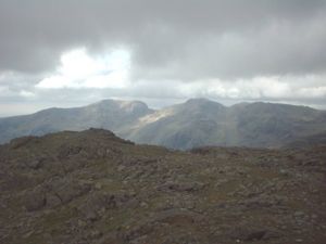 Scafell Pike (right) and Scafell (left) in the Lake District National Park, as seen from Crinkle Crags.