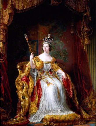 A young Victoria is depicted at her coronation, 28 June 1838