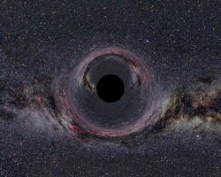 A (simulated) Black Hole of ten solar masses as seen from a distance of 600 km with the Milky Way in the background (horizontal camera opening angle: 90°). The blurred ring is due to objects whose light must travel close enough to the black hole to suffer gravitational lensing distortion before being observed.