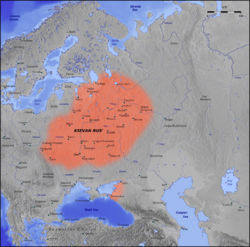 Map of the Kievan Rus', eleventh century. During the Golden Age of Kiev the lands of Rus' covered much of present-day Ukraine, as well as Western Russia and Belarus