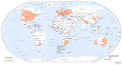 Areas worldwide which experience the highest chance of seeing tornadoes, indicated by orange shading.