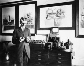 Tesla working in his lab