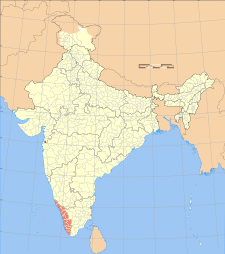 Map of India with the location of Kerala highlighted.