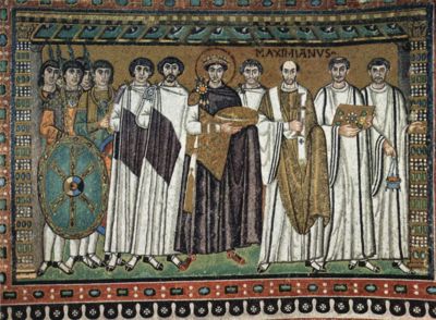 Justinian I depicted on one of the famous mosaics of the St. Vitale church in Ravenna.