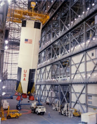 The first stage of AS-503 being erected in the VAB on February 1 1968