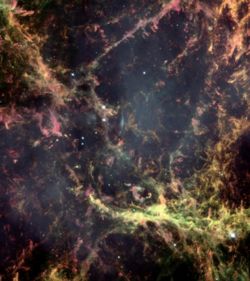 Hubble Space Telescope image of a small region of the Crab Nebula, showing its intricate filamentary structure. Credit: NASA/ESA.