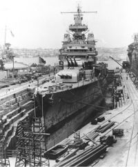 Portland undergoing repairs in dry dock in Sydney, Australia a month after the battle