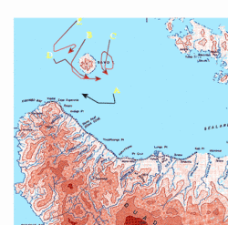 First phase of the engagement, 23:17 - 23:30, November 14.  Red lines are Japanese warship forces and black line is U.S. warship force.  (Click on map for larger image and full description.)