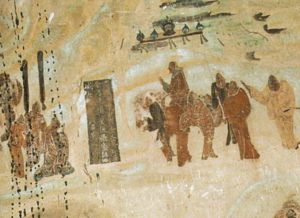 Zhang Qian leaving emperor Han Wudi, for his expedition to Central Asia from 138 to 126 BCE, Mogao Caves mural, 618–712 CE.