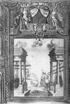 The sumptuously decorated Dorset Gardens playhouse in 1673, with one of the sets for Elkannah Settle's The Empress of Morocco. The apron stage at the front which allowed intimate audience contact is not visible in the picture (the artist is standing on it).