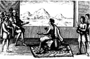 Queen Nzinga in peace negotiations with the Portuguese governor in Luanda, 1657.