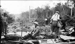 Roosevelt, wearing sun helmet, barely survived an expedition in 1913 into the Amazonian rain forest to trace the River of Doubt later named the Rio Roosevelt.