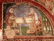 Mural painting showing Galen and Hippocrates. 12th century; Anagni, Italy 