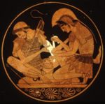 Achilles binds the wound of Patroclus on a late archaic Kylix by Sosias, inspired by Homer's Iliad.