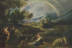 A double rainbow in a landscape oil painting by Peter Rubens.