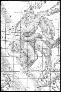 The location of the stella nova, in the foot of Ophiuchus, is marked with an N (8 grid squares down, 4 over from the left).