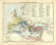 Map of the Roman Empire ca. 395, showing the dioceses and praetorian prefectures of Gaul, Italy, Illyricum and Oriens (east), roughly analogous to the four Tetrarchs' zones of influence after Diocletian's reforms.