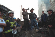 President Bush addresses rescue workers at Ground Zero in New York, September 14, 2001.