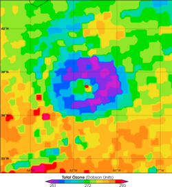 Ozone measurements collected over Hurricane Erin on September 12, 2001. In the eyewall (ring of blues and violets), air is rising rapidly from the earth's surface, where almost no ozone is present.  In the eye (circle of green and yellow), air is sinking from the ozone-rich stratosphere, so more ozone is present.