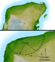 The Chicxulub Crater at the tip of the Yucatán Peninsula, the impact of which may have caused the dinosaur extinction.