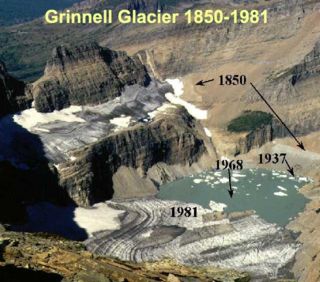 Grinnell Glacier in Glacier National Park (US) showing recession since 1850 of 1.1�km (0.7�miles) USGS