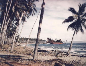 The wreck of one of the four Japanese transports beached and destroyed at Guadalcanal on November 15, 1942, photographed one year later.