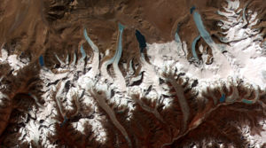 This NASA image shows the formation of numerous glacial lakes at the termini of receding glaciers in Bhutan-Himalaya.