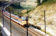 A TGV Sud-Est set in the original orange livery, since superseded by silver and blue.