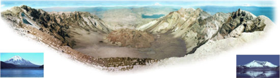 Mount St. Helens from Monitor Ridge showing the cone of devastation,  the huge crater open to the north, and the post-eruption lava dome inside it. The small photo on the left was taken from Spirit Lake before the eruption and the small photo on the right was taken after the eruption from approximately the same place. Spirit Lake can also be seen in the larger image, as well as two other Cascade volcanos.