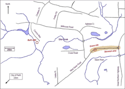 Map of skirmish area showing gravesite and Henry Bull's mill