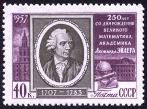 1957 stamp of the former Soviet Union commemorating the 250th birthday of Euler. The Text says: 250 Years from the birth of the great Mathematician and Academic, Leonhard Euler.