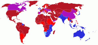 Map of the world showing the driving directions for all countries and any changes that have occurred, beginning with Finland's change in 1858     drives on right     drove on left, now drives on right     drives on left     drove on right, now drives on left     had different rules of the road within borders, now drives on right